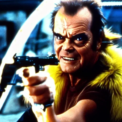 Image similar to Jack Nicholson plays Terminator, scene where he shoots Pikachu, yellow fur explodes