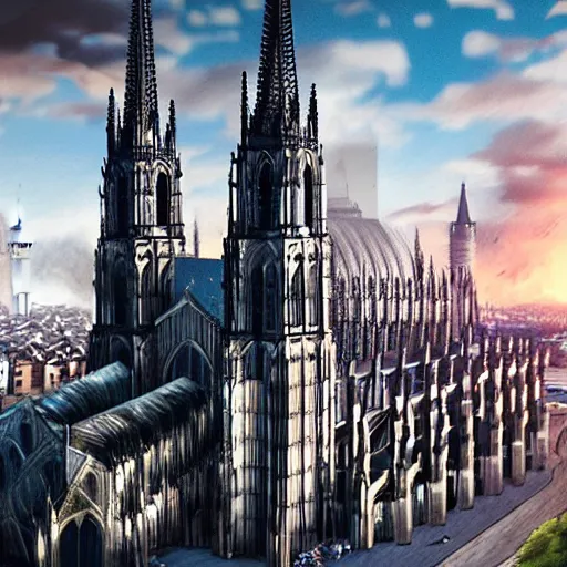 Prompt: a hyper real comic book style portait painting of the cathedral of cologne germany in the distant future with future buildings next to it, unreal 5, hyperrealistic, octane render, cosplay, rpg portrait, dynamic lighting