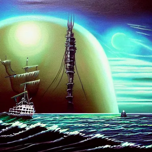 Image similar to a ship off the shore of a beautiful coast with a distant ominous biopunk tower filled with evil technology glowing in the distance, painting by John Berkley