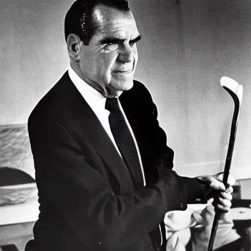 Image similar to Richard Nixon hitting a seal with a club, photojournalism, cover of life magazine