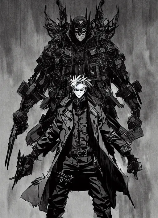 Image similar to evil deity, a man in black mask and black rugged long trench coat. in style of yoji shinkawa and hyung - tae kim, trending on artstation, dark fantasy, great composition, concept art, highly detailed, dynamic pose.