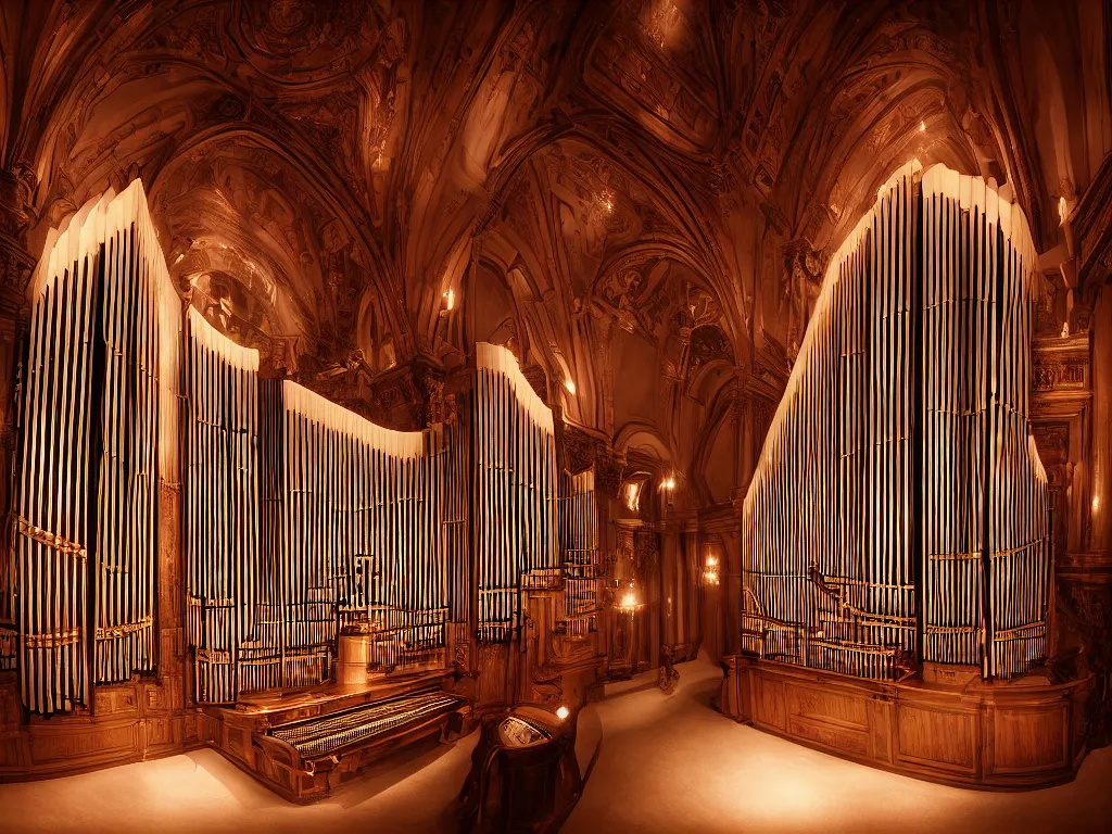 Image similar to hyper realistic photo of a luxury pipe organ interior volumetric lights designed by alan lee