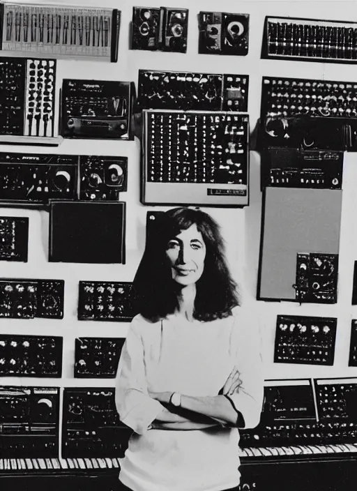 Prompt: Suzanne Ciani surrounded by a wall of synthesizers, by Claude Monet