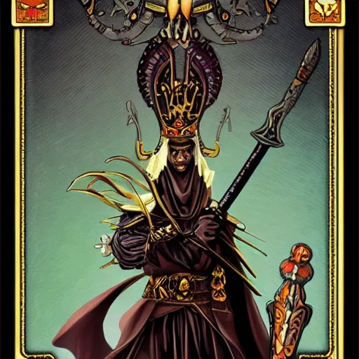 Prompt: king with sword in tarot card style, tarot deck, fantasy, behance, pinterest, deviantart, artstation, weapons concept art, design, high details