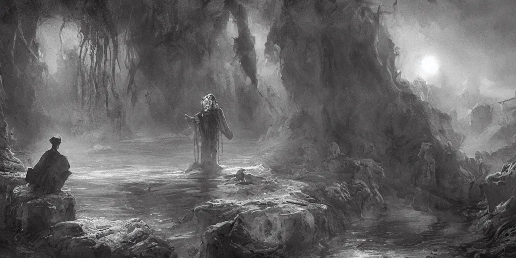 Image similar to a man sits at the edge of a river in the underworld in hades waiting for the ferryman charon, beksinksi, dariusz zawadzki