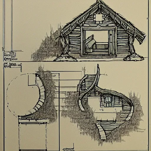 Image similar to blueprints for a hobbit cottage