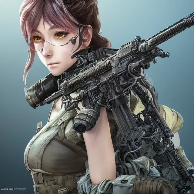 Image similar to the portrait of lawful neutral female futuristic marine sniper as absurdly beautiful, gorgeous, elegant, young anime girl, an ultrafine hyperdetailed illustration by kim jung gi, irakli nadar, intricate linework, bright colors, octopath traveler, final fantasy, unreal engine 5 highly rendered, global illumination, radiant light, detailed and intricate environment