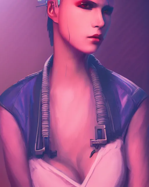 Prompt: portrait of a woman by CD Projekt Red and Prywinko and gantzu, cyberpunk, vaporwave, Halter-top, face, cute, shaded lighting, beautiful, realistic, perfect, extremely detailed, deviantart, artstation, 4k, 8k, Cyberpunk 2077, Blade Runner