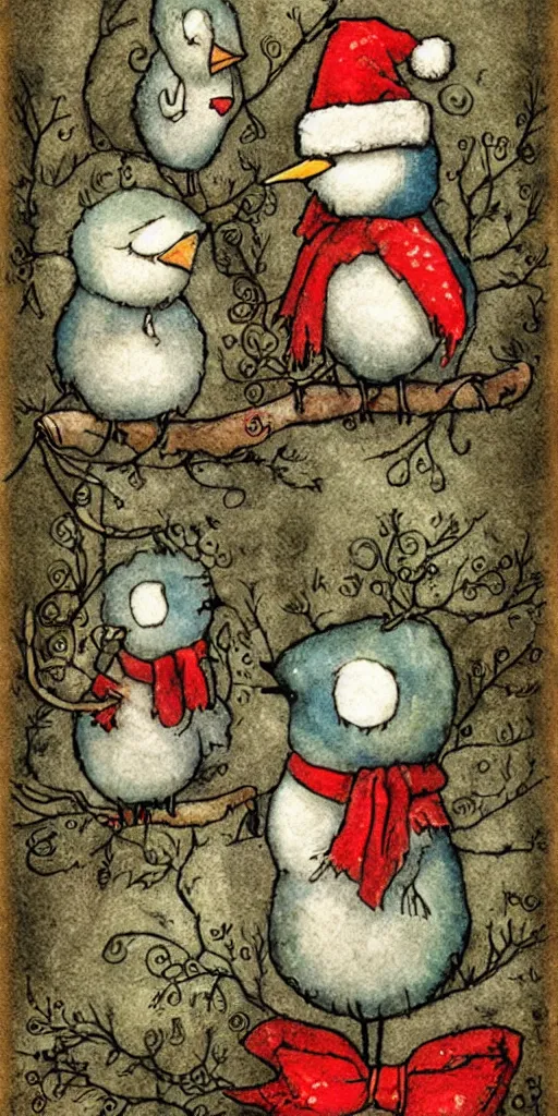 Prompt: a christmas card birds scene by alexander jansson