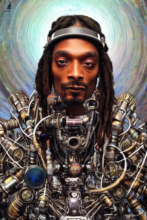 Image similar to a fisheye lens photo of a post apocalyptic tribal cyborg snoop dogg tweaking and playing synthesizers in the most complicated and technical spiral fractal musical studio, powerful, cinematic, beautifully lit, by donato giancola, by artgerm, by karol bak, 3 d, perfect face and body, trending on artstation, octane render, 8 k