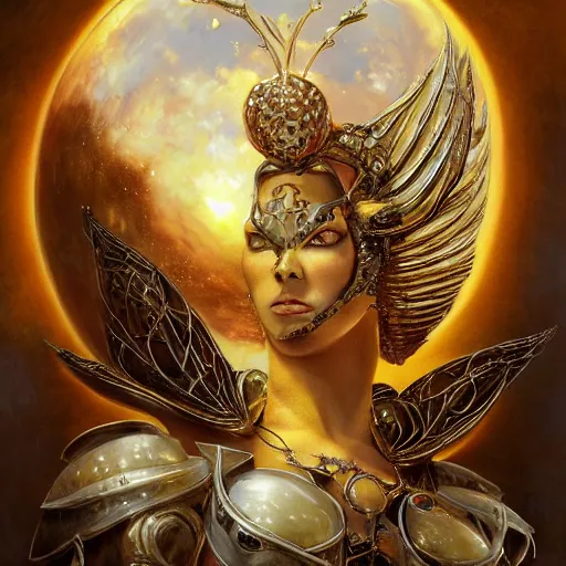 Prompt: a fat orange cat wearing a silver armor with golden ornaments and diamonds jewelry, wings by alex gray and android jones, karol bak, ayami kojima, amano, concept art, character design, fantasy, 3 d, 8 k resolution