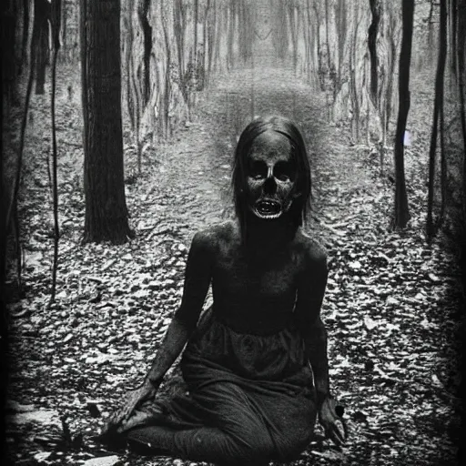 Prompt: spooky 1860 photo of an ancient girl demon devouring the human kind on a dark forest