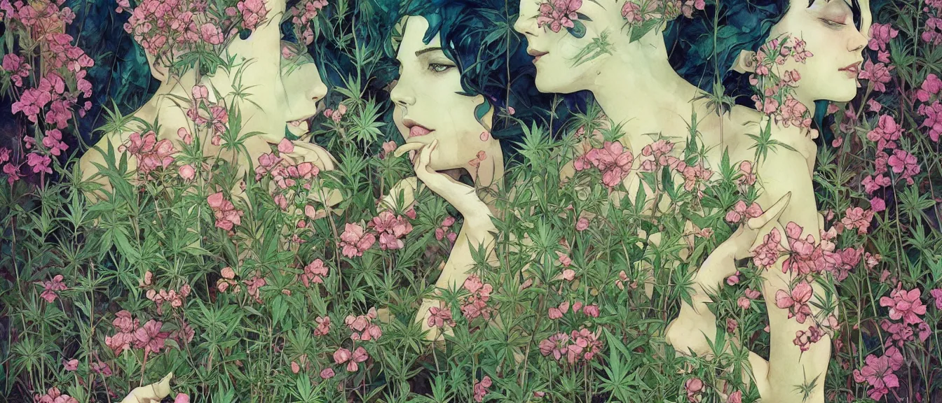 Prompt: watercolor painting by conrad roset, cannabis flowers growing out, elegant masterpiece matte painting, highly detailed realistic intricate cannabis, high fantasy, dank buds, style of tom bagshaw, cedric peyravernay, peter mohrbacher, louis comfort tiffany, victo ngai