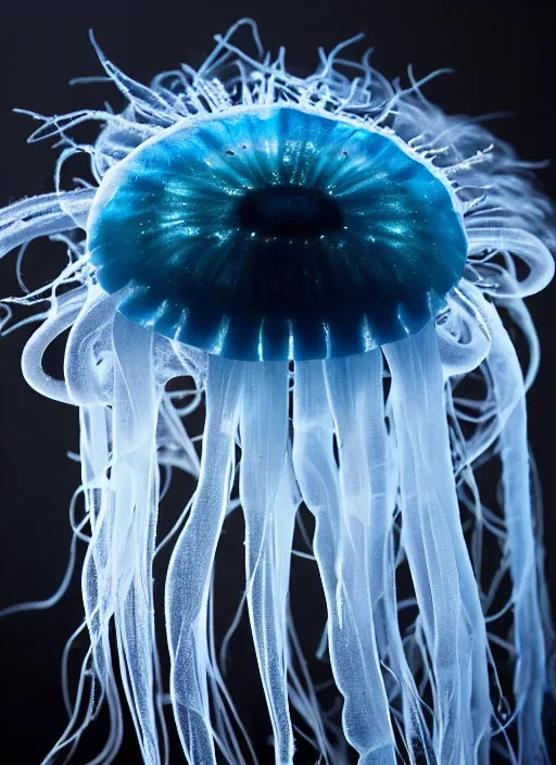 Prompt: a beautiful jellyfish, dark background, highly detailed, super realistic, shot by macro lens, nikon macro 1 0 5 mm