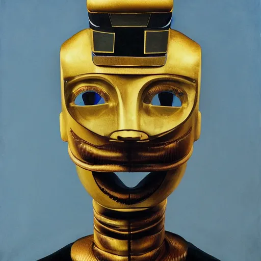 Image similar to the robot wearing her human mask, by christopher kit williams, symbolist, dramatic lighting, elaborate geometric ornament, art brut, god rays, soft cool colors, smooth, sharp focus, extremely detailed