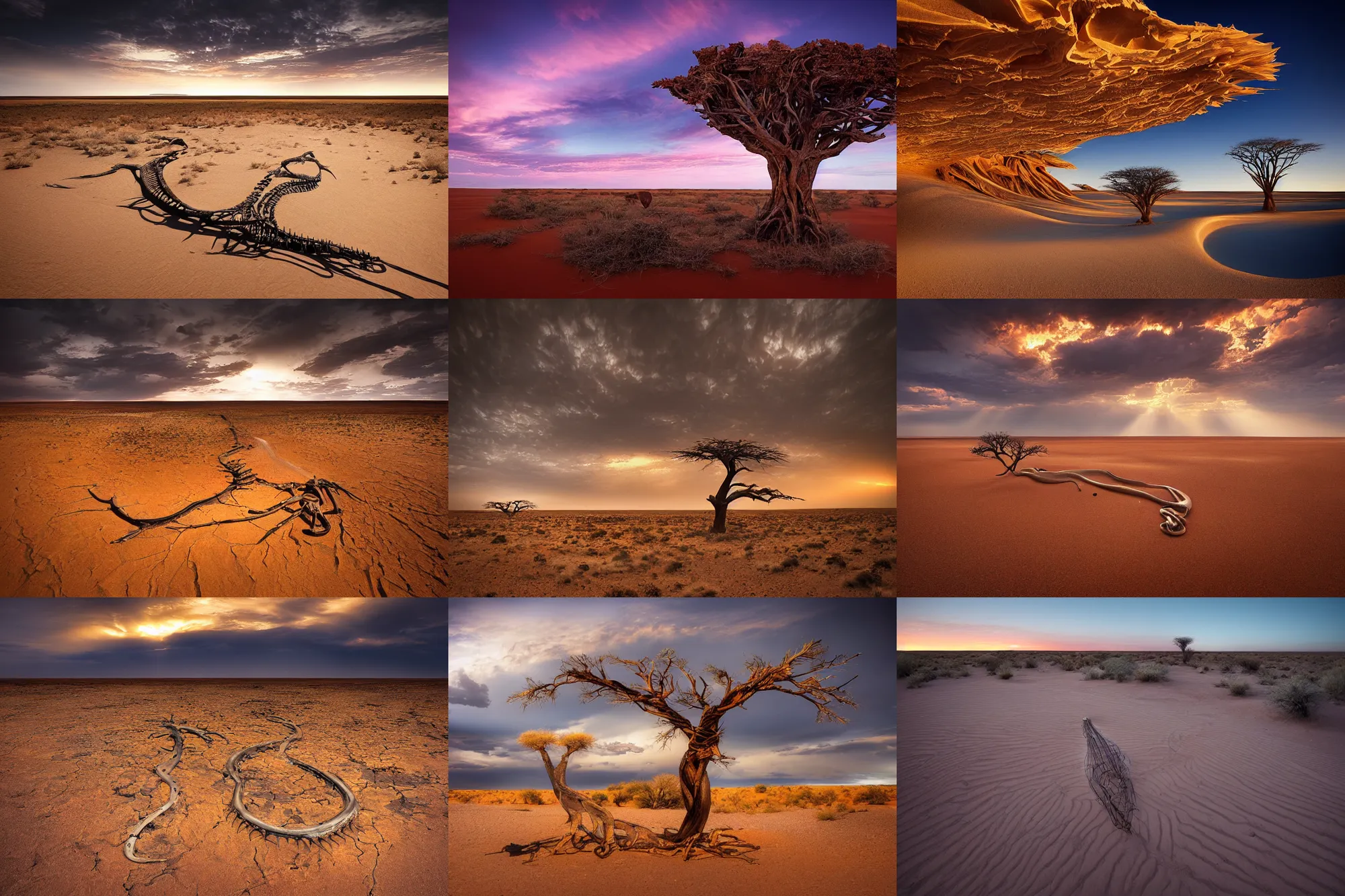 Prompt: beautiful landscape photography of the Kalahari desert, a snake skeleton in the foreground, by Marc Adamus,