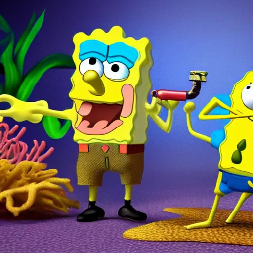 Prompt: a 3 d render of spongebob smoking a pipe under the sea, 3 d render, blender, pixar, disney