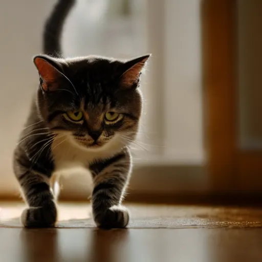 Prompt: cute cat with stumpy tiny legs, view from floor, cinematic lighting