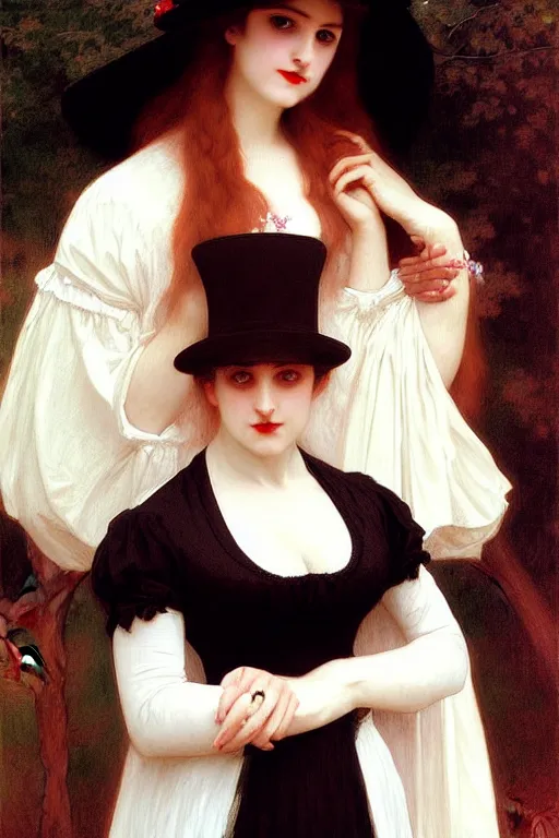 Image similar to victorian vampire in a big black hat, white dress, painting by rossetti bouguereau, detailed art, artstation