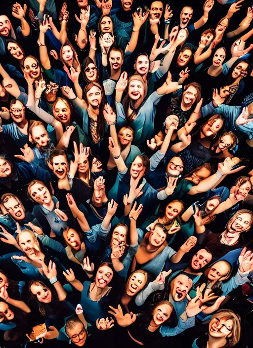 Image similar to group portraits, groups of diverse happy humans hands in the air holding large beautiful images, letters floating, highly detailed, super realistic, futuristic hall, perfect lighting pixel sorting