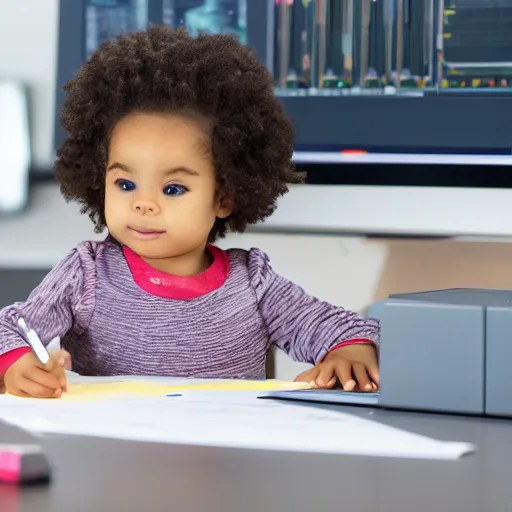 Image similar to a blonde toddler child baby girl working CAD computer drafting, civil engineer, sitting at a desk