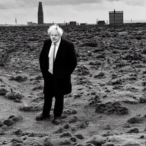 Prompt: Boris Johnson in a desolate wasteland surrounded by horryfying shadow monsters, black and white photo