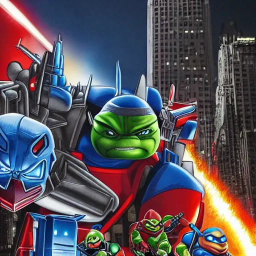 Image similar to optimus prime fights the teenage mutant ninja turtles in NYC, 4K, intricate detail,