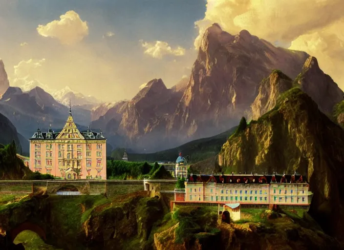 Image similar to painting of the grand budapest hotel in front of beautiful mountains by thomas cole