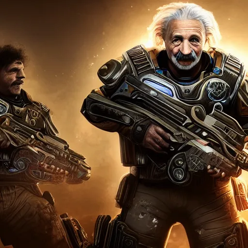 Prompt: Portrait of Albert Einstein in Gears of War, splash art, movie still, cinematic lighting, dramatic, octane render, long lens, shallow depth of field, bokeh, anamorphic lens flare, 8k, hyper detailed, 35mm film grain