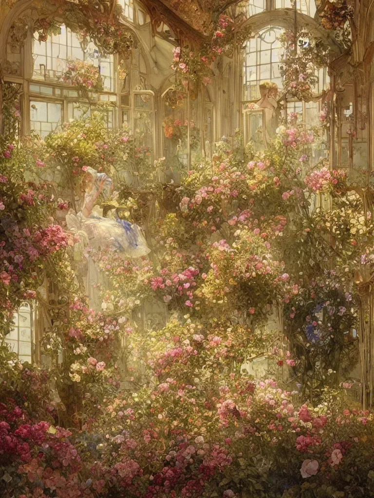 Prompt: a beautifull intricate watercolour painting of a victorian room with many flowers, reflexions, verry high details by william turner art, greg rutkowski and alphonse mucha, trending on artstation, very very detailed, masterpiece, golden hour lighting, wide lens,