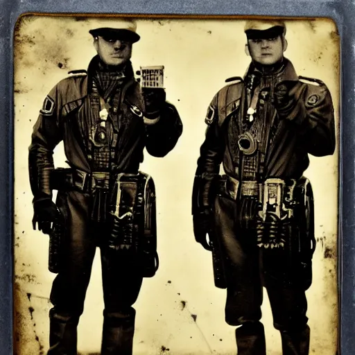 Image similar to tintype photographs of watchmen, machine mediums, dieselpunk troopers and ghost pilots