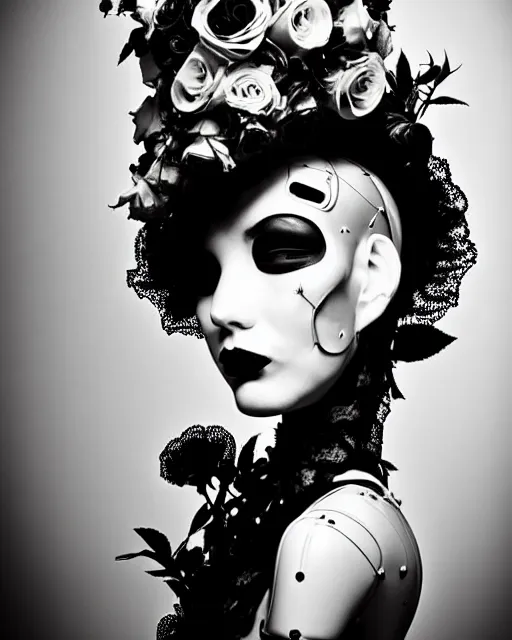 Prompt: dreamy surreal poetic black and white photo of a beautiful young female-cyborg-vegetal-robot with a very long neck and a super big gothic lace collar and a very high big floral crown with many black dry roses by Vivienne Westwood:: smoke, high fashion, haute couture, rococo, avant-garde, elegant, dreamy, hyper realistic, 150 mm lens, soft rim light, octane render, unreal engine, picture was taken in 1910 by Dora Maar, volumetric lighting, dramatic light,8k,