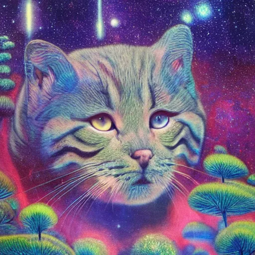 Image similar to psychedelic small cats hidden lush pine forest, outer space, milky way, designed by arnold bocklin, jules bastien - lepage, tarsila do amaral, wayne barlowe and gustave baumann, cheval michael, trending on artstation, star, sharp focus, colorful refracted sparkles and lines, soft light, 8 k 4 k