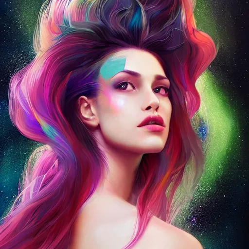 Prompt: beautiful woman with the universe in her hair, posed looking back over her shoulder, vibrant, highly detailed, digital painting, artstation, concept art, smooth, sharp focus, illustration, art by WlOP