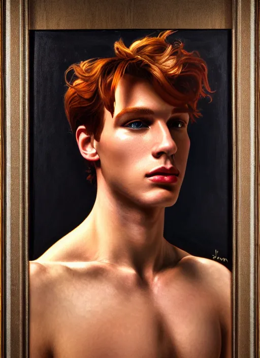 Image similar to oil portrait of jason blossom, intricate, elegant, highly detailed, lighting, painting, artstation, smooth, illustration, art by greg rutowski and alphonse mucha