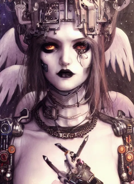 Image similar to portrait of cute beautiful young goth angel cyborg maiden, cyberpunk, Warhammer 40000, gothic, highly detailed, artstation, illustration, art by Gustav Klimt and Range Murata