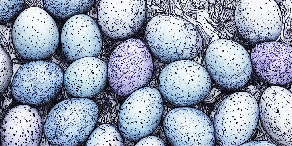 Image similar to an ultra - detailed pen drawing of smurfettes and color eggs.