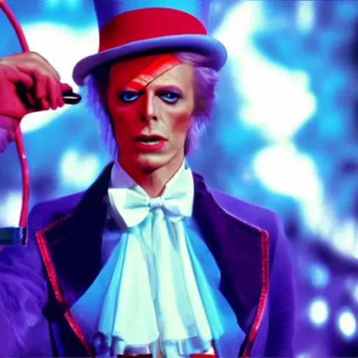 Image similar to stunning awe inspiring david bowie playing willy wonka, movie still 8 k hdr atmospheric lighting