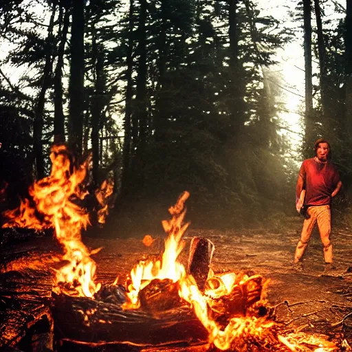 Prompt: , extreme log shot, man vs wild, hugh grant, born survivor, face with beard, extreme, wide shot, sunset ligthing, forest and fear, worms, bonfire, mud, man in white t - shirt, art by listfield scott,