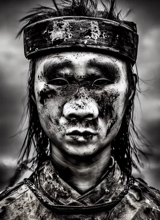 Prompt: samurai portrait photo, wearing all black mempo mask, after a battle, war scene, dirt and unclean, extreme detail, cinematic, dramatic lighting render, extreme photorealism photo by national geographic, hendrick kerstens, masterpiece