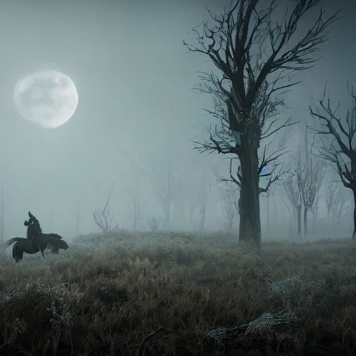 Prompt: the wild hunt, wraiths riding in the sky, mythical creatures in undead nightmare, bad omen, enchanted forest, blizzard storm, fog, full moon, snowy environment, in the style of the witcher series, hyperrealism, atmospheric, cinematic, disturbing, breathtaking, award winning, groundbreaking, octane render, unreal 5, intricate digital art, sharp focus, 8 k