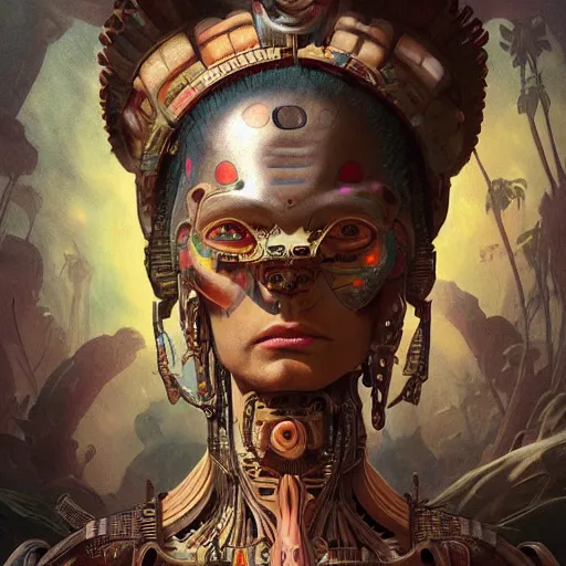 Prompt: An Alien Robot Mayan Ruler, facial tattoos, artists portrait, biomechanical, wild jungle, fantasy, highly detailed, digital painting, concept art, sharp focus, depth of field blur, illustration, art by artgerm and greg rutkowski and alphonse mucha