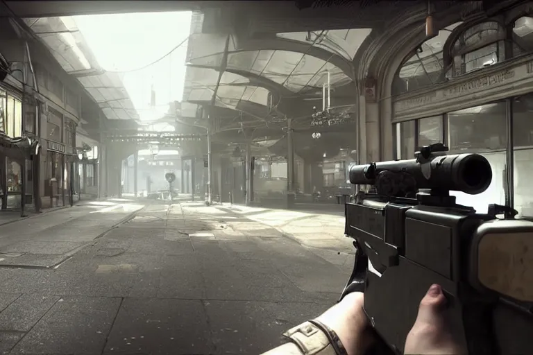 Image similar to a first person shooter game trailer on a victorian shopping mall, cinematic lightning, ray tracing, unreal engine 5, photorealistic, holding a ak - 4 7, fps game concept, extremely detailed, foggy, in - game footage