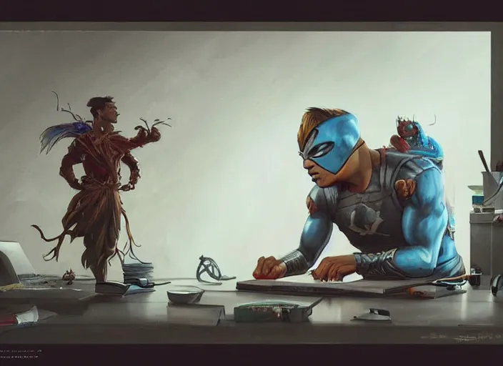 Image similar to an insanely detailed painting of an asian man wearing a homemade superhero costume, sitting at a desk, staring seriously at the computer and typing, in the style of peter mohrbacher, james jean, artgerm, dramatic lighting and composition, surreal background, octane render, pixar, trending on artstation, concept art, comic book, view from behind, 8 k