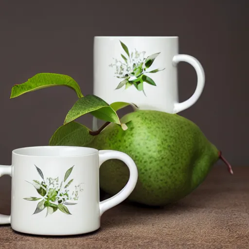 Image similar to ceramic mug surrounded by white flowers, green leaves, and pears, soft zen minimalist, white background, bright, crisp