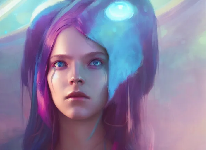 Prompt: a girl with rainbow hair standing in a sci - fi spaceship, official art, gorgeous detailed face, by jeremy lipking, by charlie bowater, by greg rutkowski, realistic expressive oil painting, cgsociety, anime style, octane render