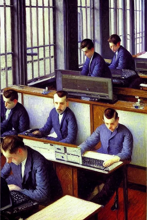 Image similar to oil painting highly detailed computer workers in office painted by gustave caillebotte, impressionism