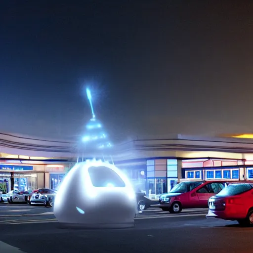 Prompt: a photo of a ufo parked amidst cars at a mall parking lot, misterious, volumetric lighting