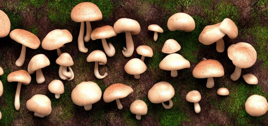 Image similar to 3 d study of a bunch of mushrooms in the forest, photorealistic, detailed, octane