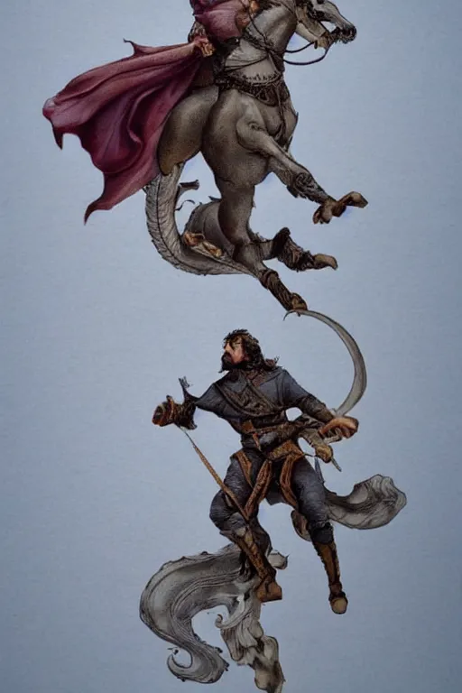 Image similar to of an athletic and elegant man with a mustache looking like Guillaume Briant riding a Dragon above Bordeaux, in the style of Game of Throne 8th season very matte colors, mysterious and misty